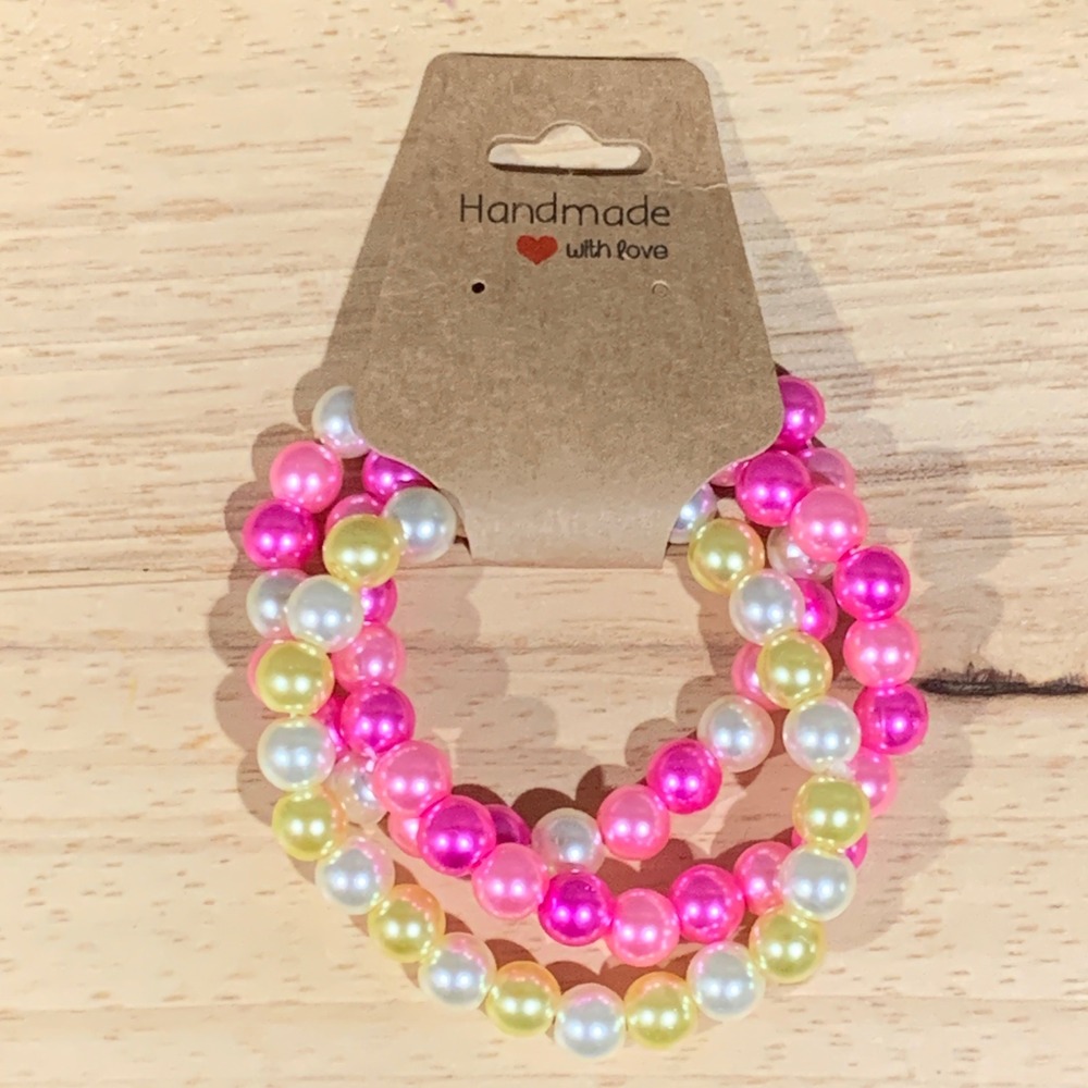 Handmade Beaded Bracelet Women OS 3-Piece Set Pink Yellow White Faux Pearl Stack